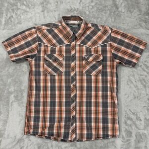 Cowboy Hardware Shirt Mens Large Orange Gray Plaid Pearl Snap Western Rodeo